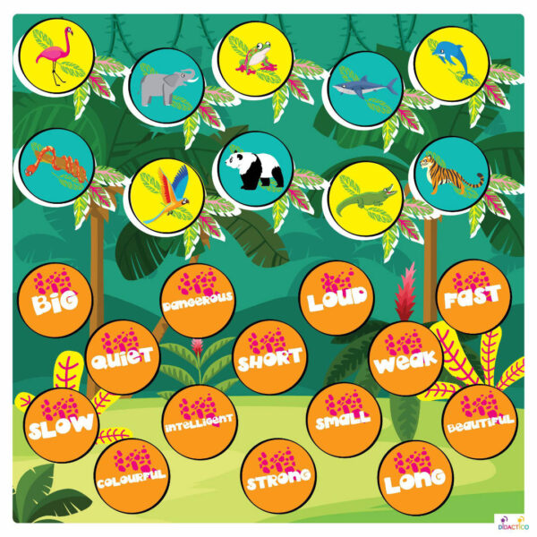 Mata edukacyjna przedstawiająca kolorowe ilustracje zwierząt oraz angielskie przymiotniki, służąca do nauki języka i rozwijania słownictwa dzieci.