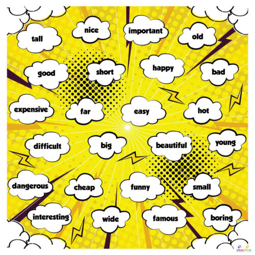 Mata edukacyjna Stopniowanie przymiotników - Adjective Explorer Mata edukacyjna „Stopniowanie przymiotników – Adjective Explorer” z kolorowym, komiksowym tłem. Na macie znajdują się angielskie przymiotniki zapisane w białych chmurkach, takie jak „big”, „small”, „happy”, „sad” czy „interesting”.