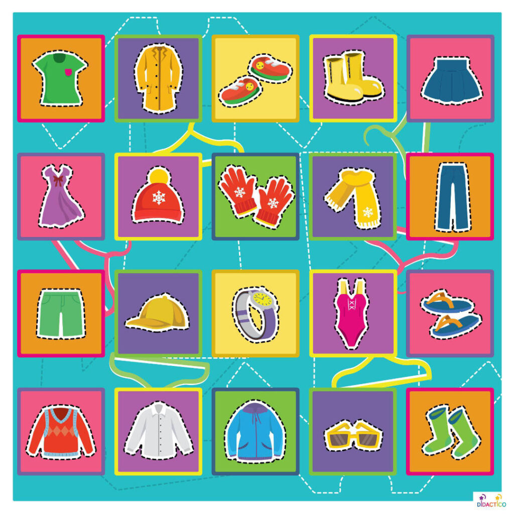Mata edukacyjna ubrania clothes, świetnie spisz się na zajęciach z języka obcego. Dzieci mogą się uczyć nazw garderoby podczas zabawy.