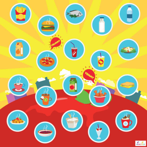 Mata edukacyjna KULINARNE PRZYGODY – FOOD ADVENTURES Mata edukacyjna z ilustracjami jedzenia i napojów – pizza, frytki, hamburgery, soki, kawa, sałatka, zupy i napoje na kolorowym tle