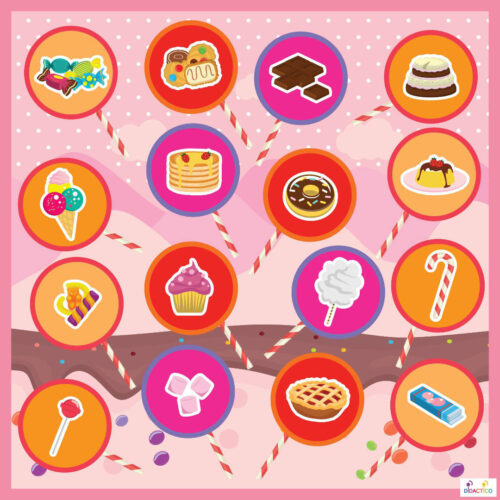 Mata edukacyjna Slodycze Sweets Mata edukacyjna z ilustracjami słodyczy – cukierki, lody, czekolada, pączek i inne przysmaki na różowym tle