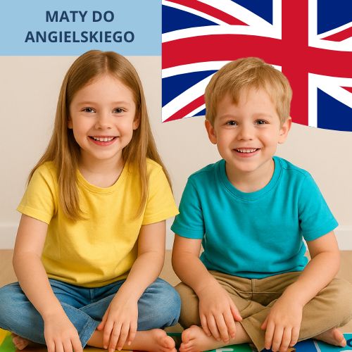 Dwoje uśmiechniętych dzieci siedzi na kolorowej macie edukacyjnej do nauki angielskiego z literami i słowami po angielsku.